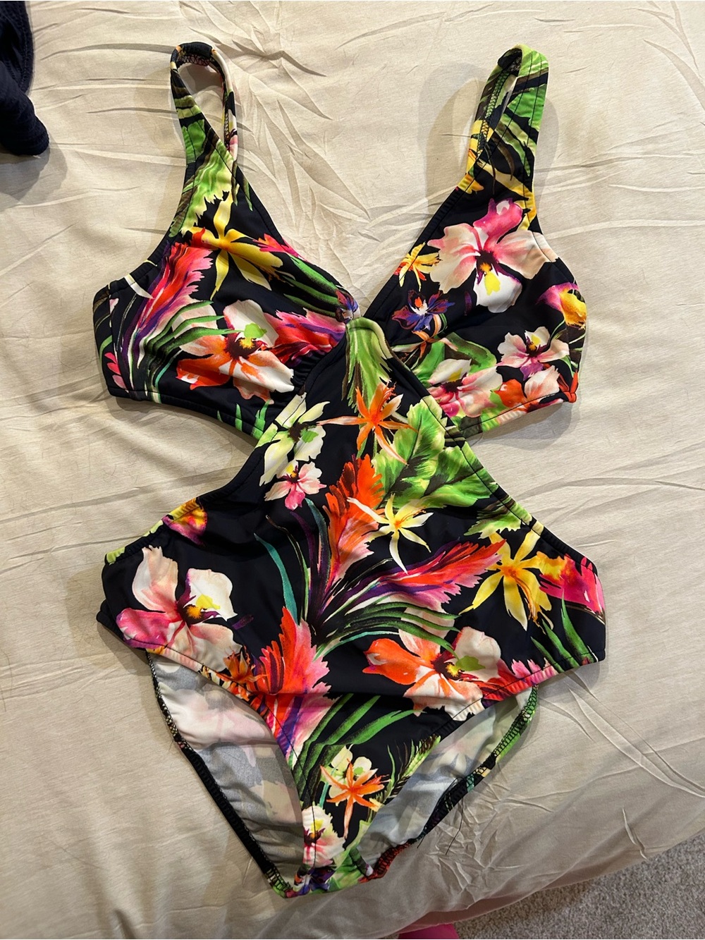 VENUS Black One-Piece Swimsuit with Multicolor Tropical Floral Print
